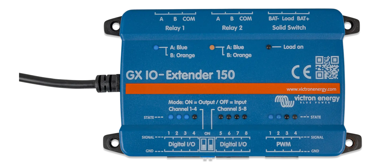 Top-down view of Victron GX IO-Extender 150 showing status LEDs and interface labels