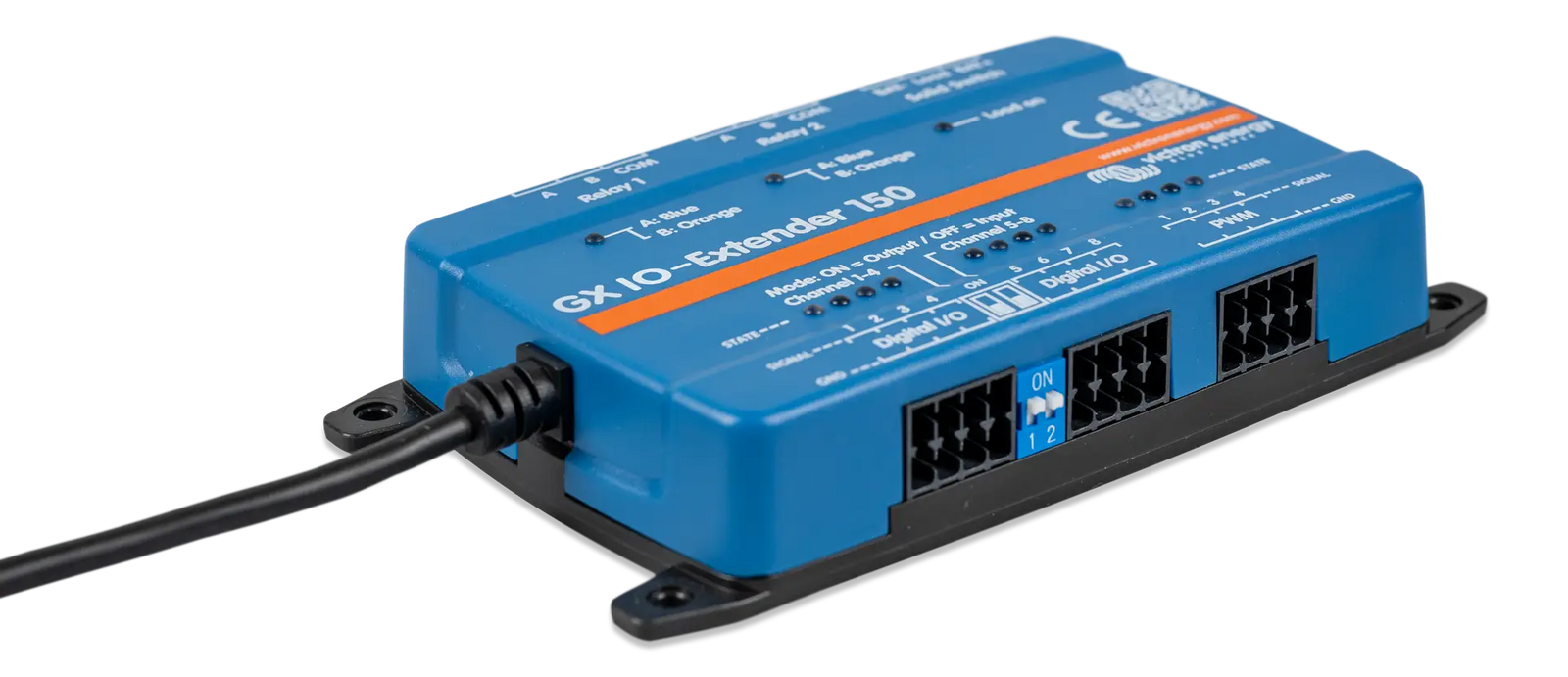 Perspective view of the blue Victron GX IO-Extender 150 showing side mounting ears