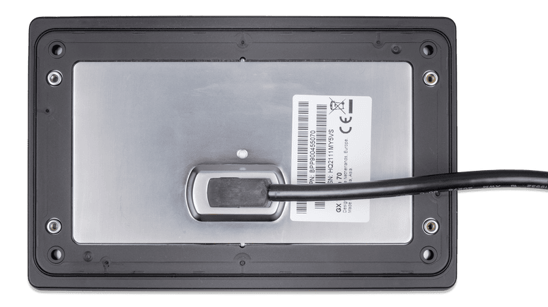 Back view of Victron GX Touch 50 display with cable exit and mounting screw holes