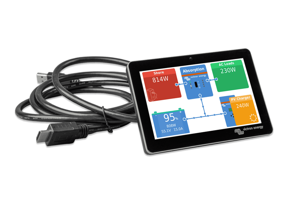 Victron GX Touch 50 touchscreen display showing live power system data and connected cable