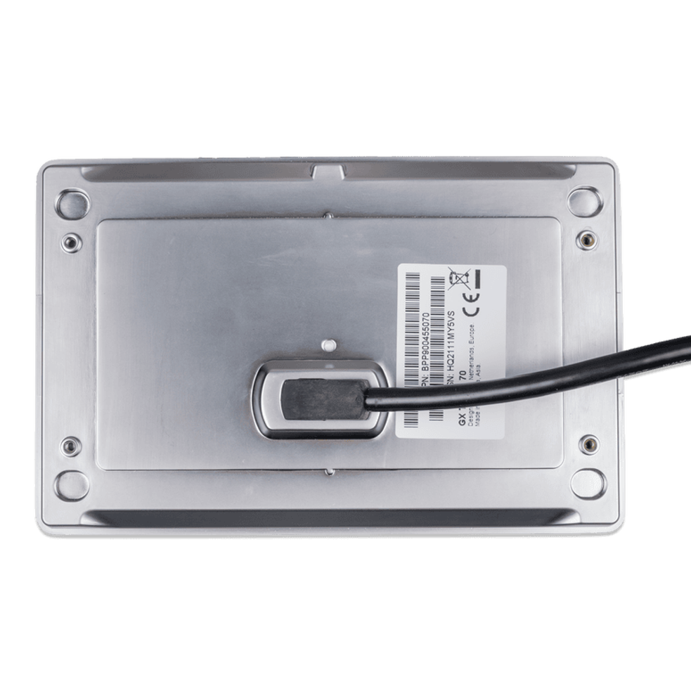 Rear panel of the 7 inch touch screen showing product labels and cable entry