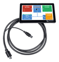 Victron GX Touch 70 display with system dashboard showing power flow and connection cable