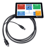 Victron GX Touch 70 display with system dashboard showing power flow and connection cable