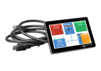 GX Touch 70 seven inch touchscreen display showing system status dashboard and USB cable