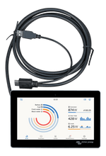 7-inch touch screen display showing power and tank monitoring interface with integrated HDMI and USB cable