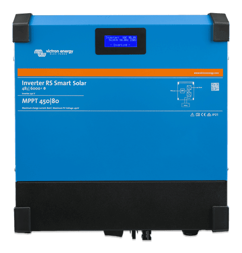 Front view of blue Victron Inverter RS 48/6000 showing LCD screen and integrated solar controller labels