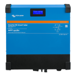 Front view of blue Victron Inverter RS 48/6000 showing LCD screen and integrated solar controller labels