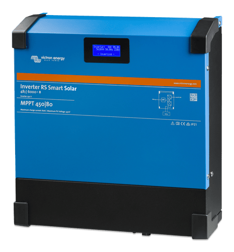 Angled left view of blue Victron Inverter RS 48/6000 Smart Solar unit in steel enclosure