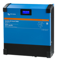 Angled left view of blue Victron Inverter RS 48/6000 Smart Solar unit in steel enclosure