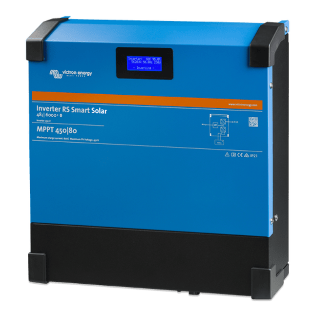 Angled left view of blue Victron Inverter RS 48/6000 Smart Solar unit in steel enclosure