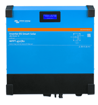 Front view of blue Victron Inverter RS Smart Solar 48 6000 with LCD screen and status indicators