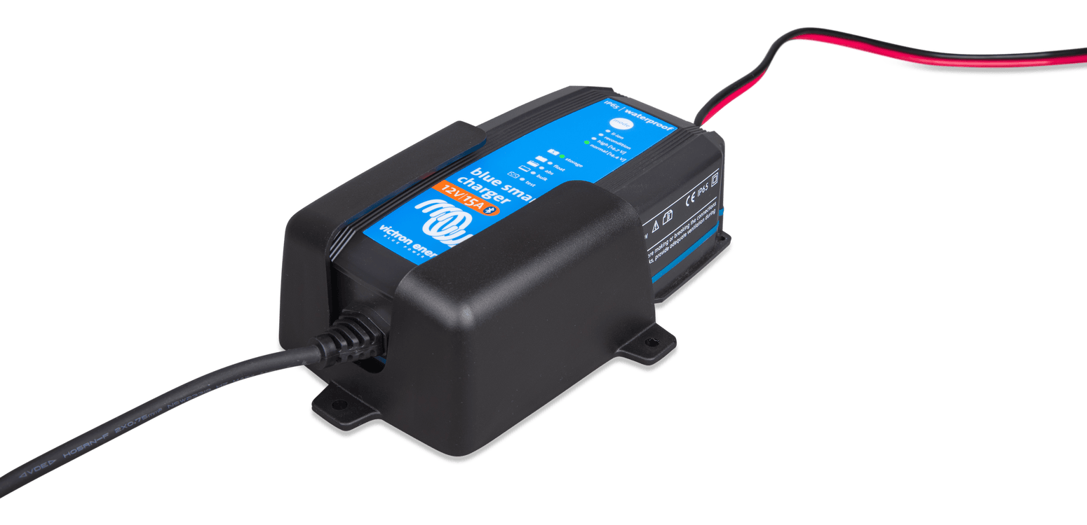 Rear angled view of the Victron wall mount bracket with a charger installed