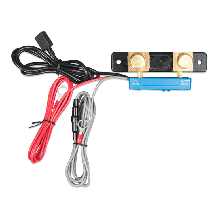 Top-down view of Victron SmartShunt IP65 with fused power and communication cabling