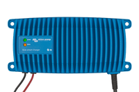 Top view of blue aluminium battery charger housing with status LEDs and cooling fins