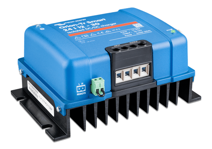 High angle side view of the isolated DC-DC charger with blue casing and black heatsink