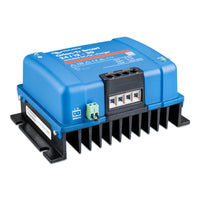 High angle side view of the isolated DC-DC charger with blue casing and black heatsink