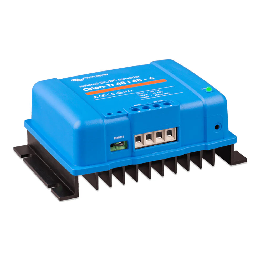Angled view of the blue DC-DC converter showing the remote port and internal terminal blocks