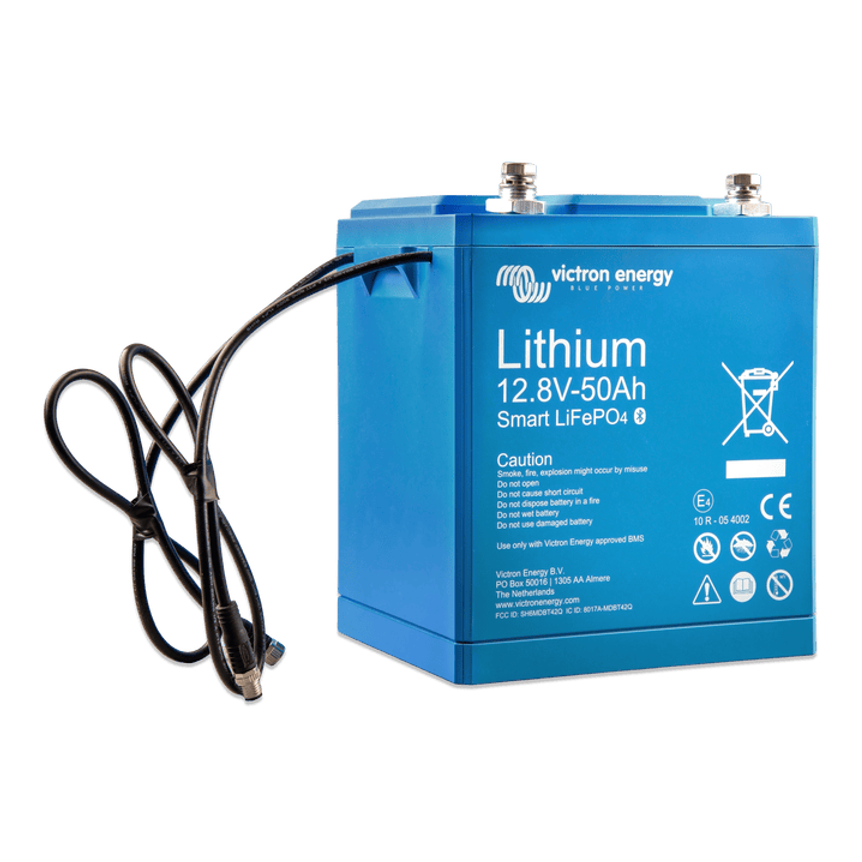 Side view of Victron 50Ah lithium battery highlighting the integrated mounting handle and enclosure