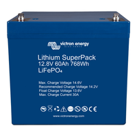 Angled view of Victron 12V 60Ah lithium battery showing M6 terminals
