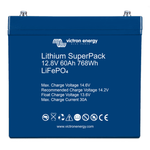 Front view of blue Victron Lithium SuperPack 12.8V 60Ah LiFePO4 battery