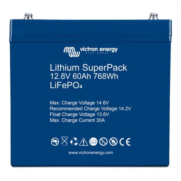Front view of blue Victron Lithium SuperPack 12.8V 60Ah LiFePO4 battery