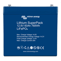 Front view of blue Victron Lithium SuperPack 12.8V 60Ah LiFePO4 battery