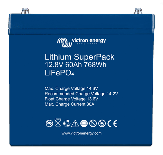 Front view of blue Victron Lithium SuperPack 12.8V 60Ah LiFePO4 battery