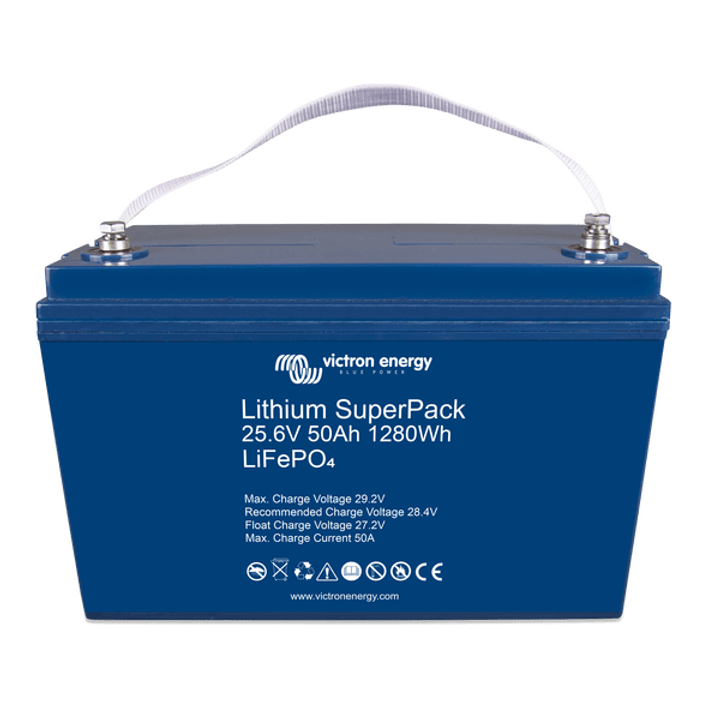 Angled view of lithium battery showing M8 threaded terminals on top