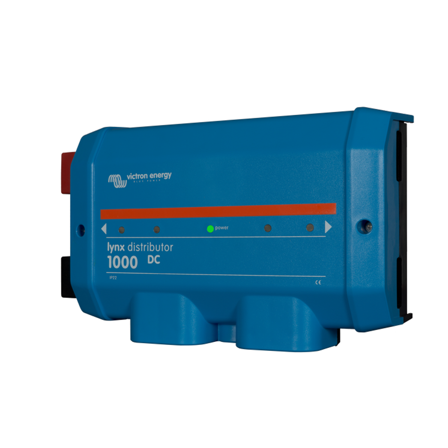 Perspective view of blue Victron Lynx Distributor 1000 showing terminal covers