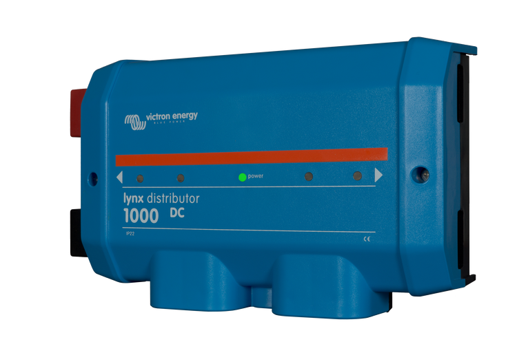 Perspective view of blue Victron Lynx Distributor 1000 showing terminal covers
