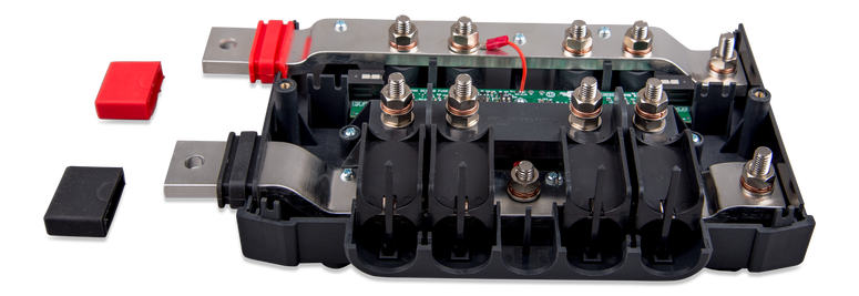 Angled internal view of busbar distributor showing M8 fuse terminal bolts