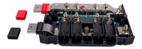 Angled internal view of busbar distributor showing M8 fuse terminal bolts