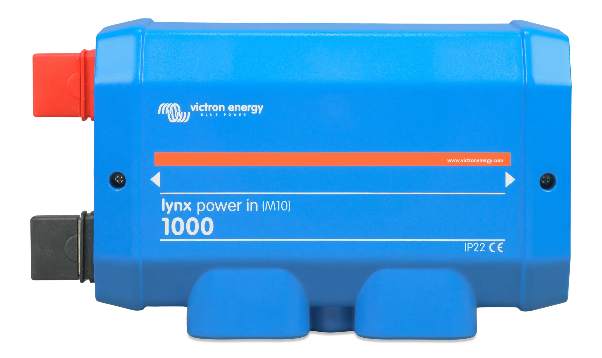 Front view of blue Victron Lynx Power In M10 DC modular busbar enclosure