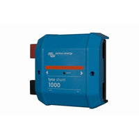 Angled side view of blue Victron Lynx Shunt 1000 showing enclosure depth and mounting slots