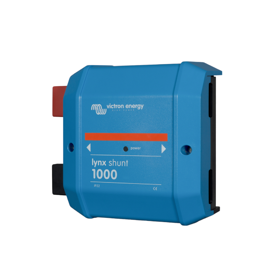 Angled view of the Victron Lynx Shunt M10 showcasing the rugged blue ABS enclosure