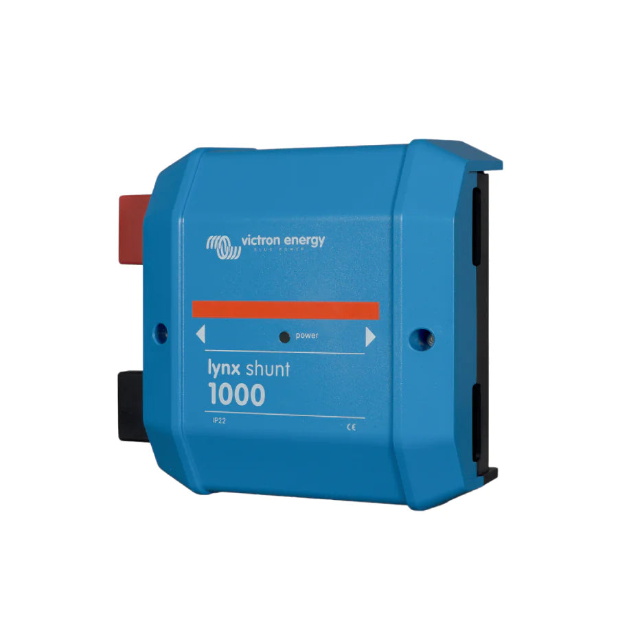 Angled view of the Victron Lynx Shunt M10 showcasing the rugged blue ABS enclosure