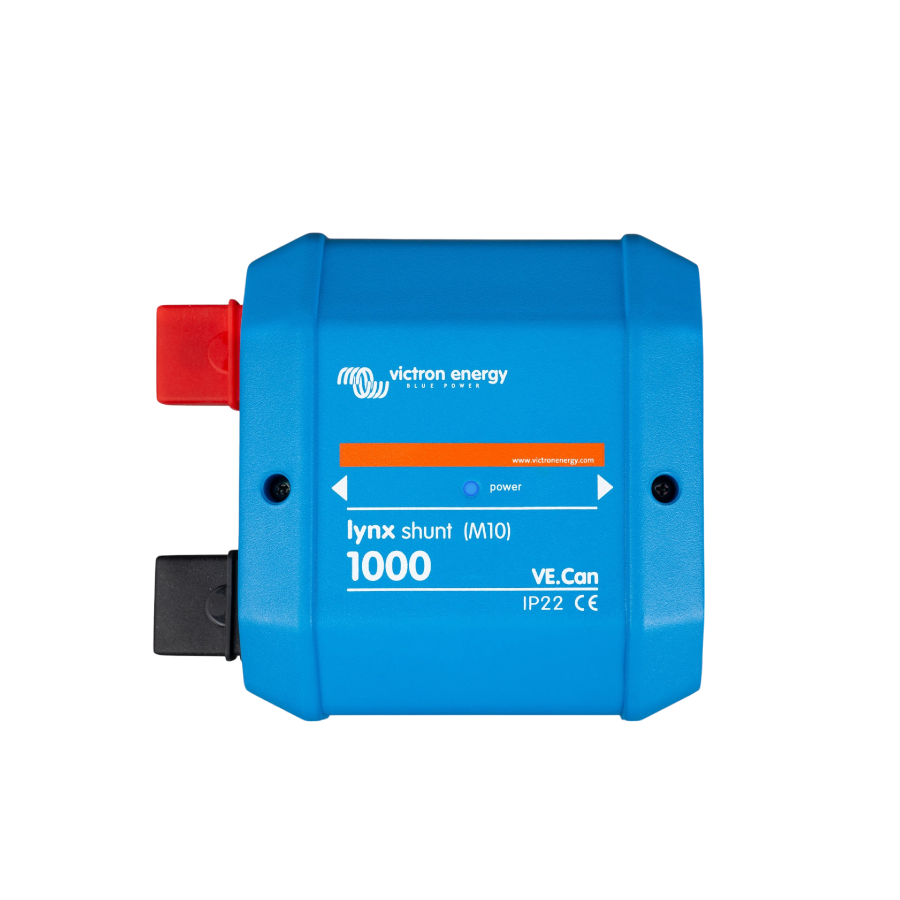 Front view of blue Victron Lynx Shunt VE.Can with M10 connections for battery monitoring
