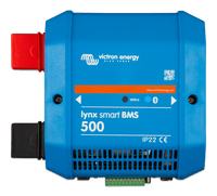 Front view of blue Victron Lynx Smart BMS 500 showing status indicators and enclosure vents