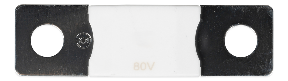 Top-down view of 300A 80V MEGA fuse showing the white ceramic housing and dual mounting holes