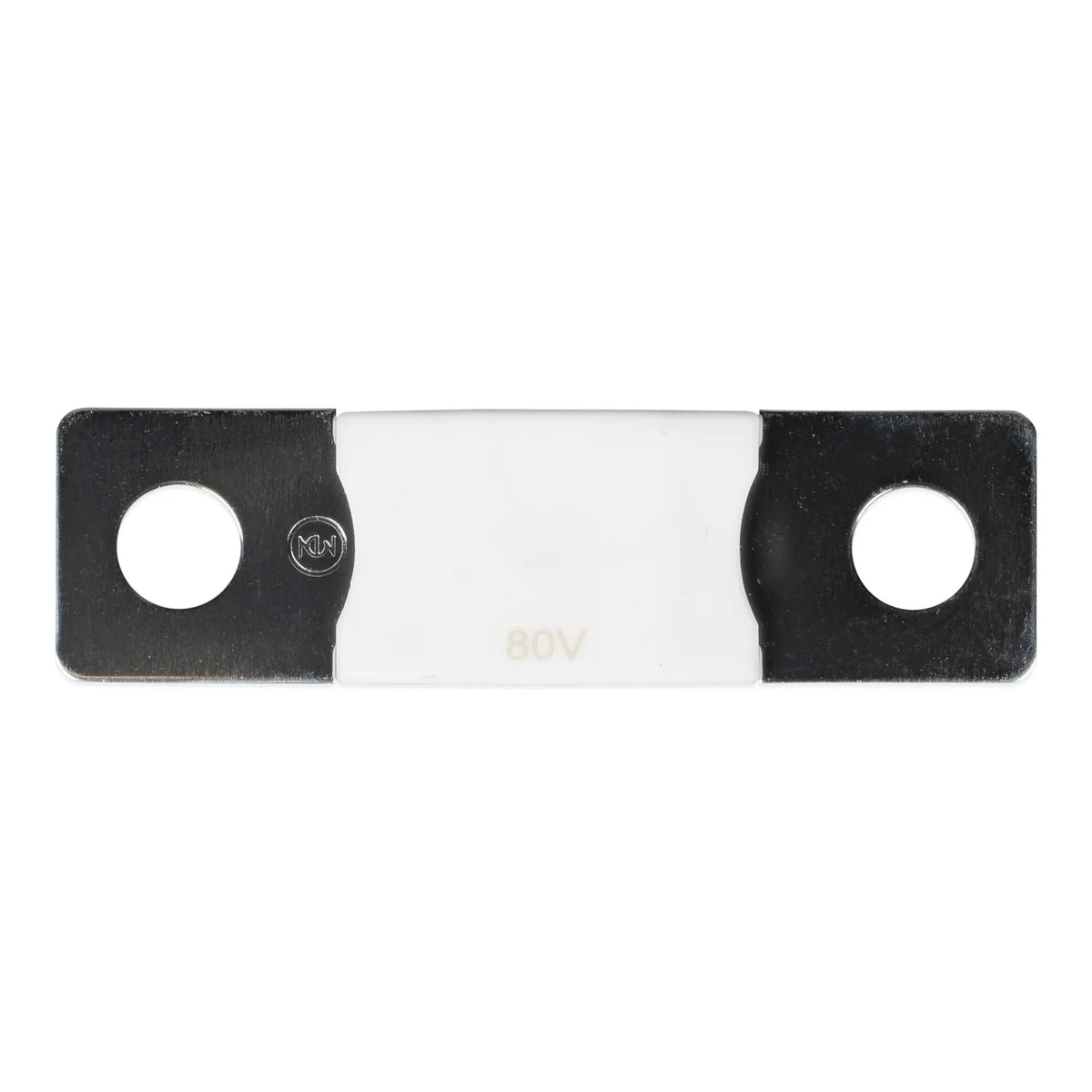 Top-down view of 500A 80V MEGA fuse showing the white ceramic housing and dual mounting holes