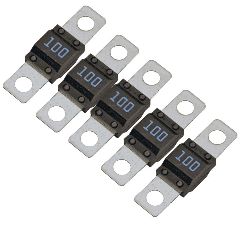 Pack of five Victron 100A/32V MIDI fuses with blue labels and silver bolt-down terminals