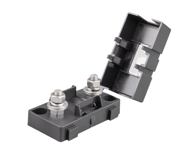 Black Victron MIDI fuse holder with open flip-top cover showing two threaded mounting studs