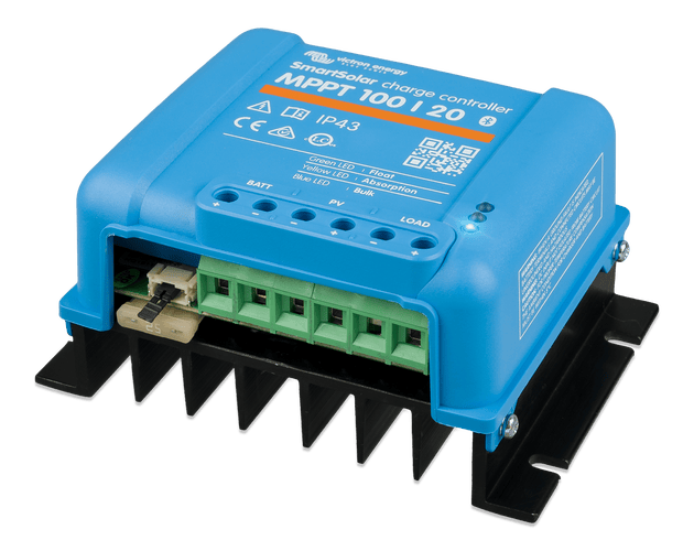 Angled perspective of Victron MPPT showing green screw terminal block and aluminium heatsink
