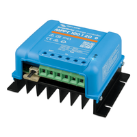 Angled perspective of Victron MPPT showing green screw terminal block and aluminium heatsink