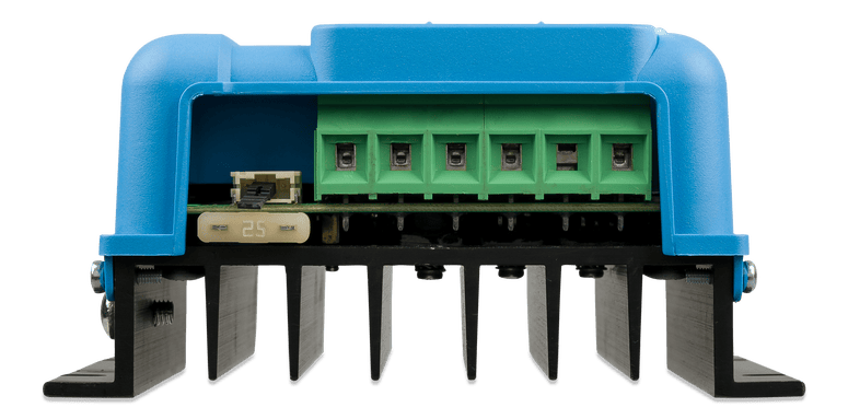 Bottom profile view showing the internal terminal block and cooling fins