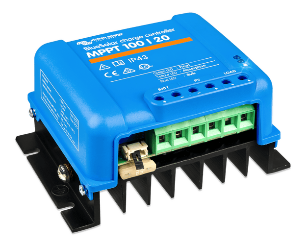 Side perspective of blue solar controller showing specifications label and mounting brackets