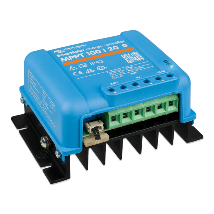 Side perspective view of a blue Victron SmartSolar MPPT 100/20 charge controller