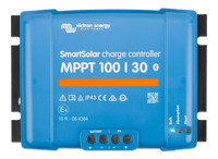 Close-up of blue Victron MPPT 100/30 charge controller front panel