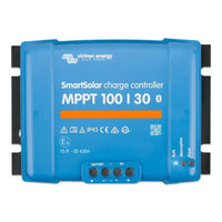 Close-up of blue Victron MPPT 100/30 charge controller front panel