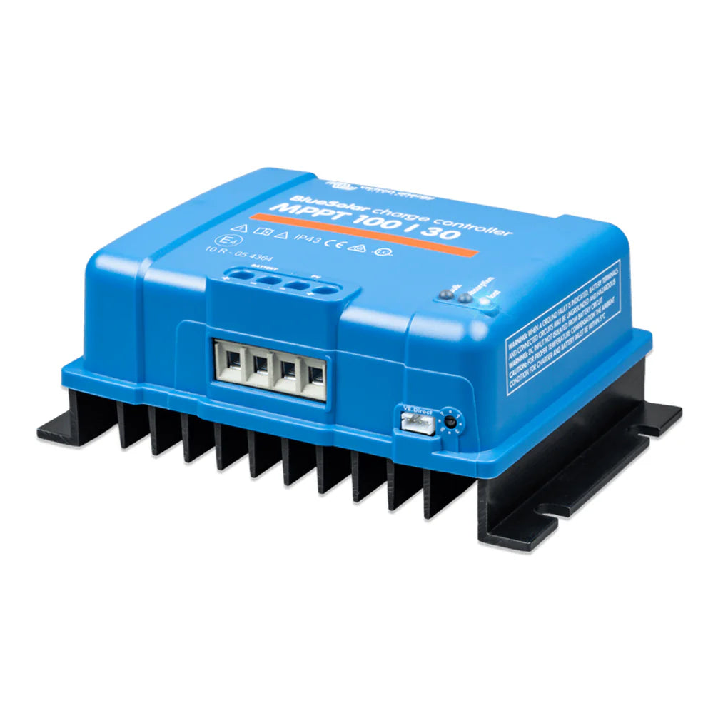 Side view of the Victron MPPT 100/30 controller showing mounting flange and specification label